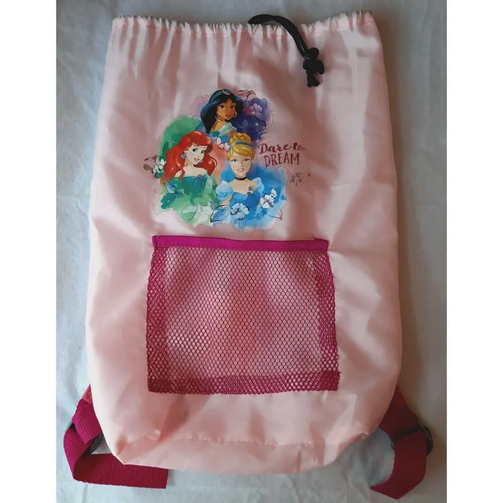 Disney Princess Pink Drawstring Backpack Ariel Cinderela Jasmine Mesh Pocket Bag